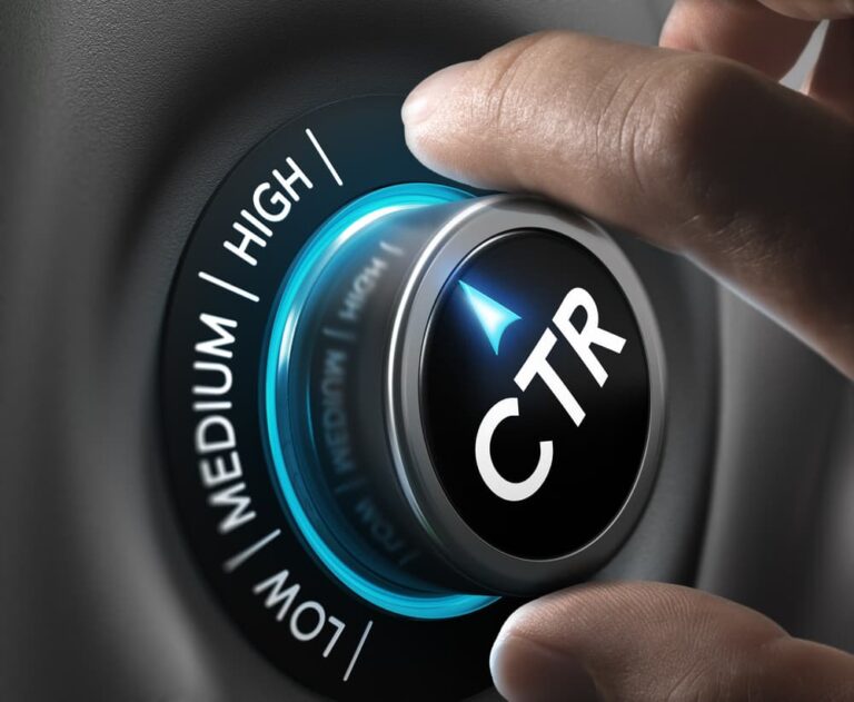 A hand turning a knob labeled "CTR" with settings ranging from "Low" to "High," symbolizing the concept of increasing click-through rate (CTR) performance in digital advertising.